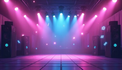 Poster - Vibrant karaoke stage with neon lights, speakers. Empty dance floor ready for nightlife, dance party. Sound and light show create festive, energetic atmosphere for socialising and performance.