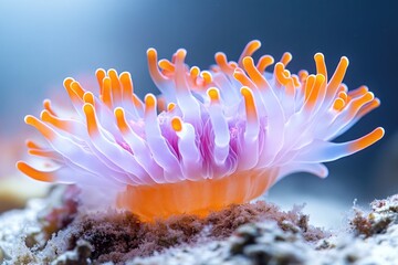 Aufkleber - Underwater scene with a bright orange and white sea anemone sitting on a sandy bottom