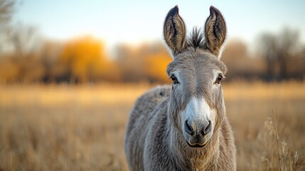 Poster - A donkey standing in a green field with trees in the background, suitable for agriculture or rural-themed images
