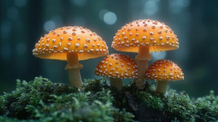 Poster - A group of mushrooms growing on a lush, green moss-covered surface