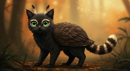 Wall Mural - ai-generated illustration of a whimsical fantasy creature with cat-like features and owl wings