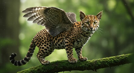 Wall Mural - ai-generated illustration of a creature with leopard body and bird wings perched on a mossy branch