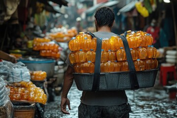 Poster - A person carrying a basket filled with orange juice, ready for delivery or sale
