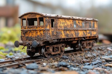Poster - Abandoned train car sitting on the tracks with rust and decay