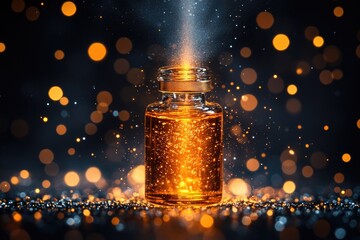 Poster - A glass bottle filled with liquid sitting on a table