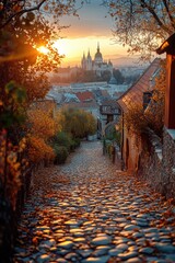 Poster - A historic cobblestone street with a old-fashioned church in the background, great for use in scenes about nostalgia and tradition