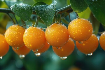Poster - A cluster of juicy oranges hanging from a tree branch