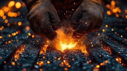 Poster - A close-up shot of someone's hands holding onto a flame, with sparks flying outwards
