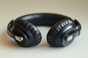 Poster - A pair of headphones resting on a table surface, ready for use