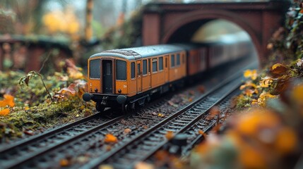 Poster - A small toy train travels along the track next to a tunnel, great for use in illustrations or animations