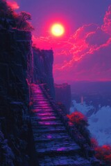 Poster - A stairway leads up to a cliff with a beautiful sunset in the background