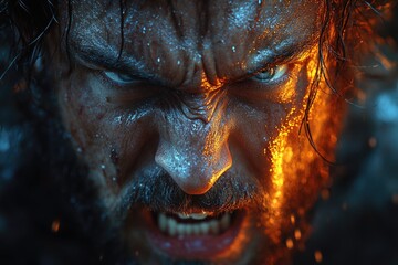 Poster - A close-up shot of a person's face with flames burning in the background, possibly used for dramatic or intense scenes