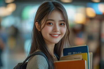 Poster - A woman carrying a backpack and holding multiple books, possibly on her way to school or a research trip