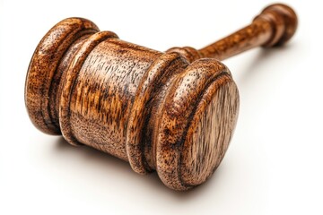 Poster - A wooden judge's gavel on a white surface, perfect for legal or court-related concepts