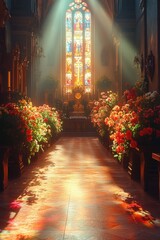 Poster - A stained glass window with sunlight shining through in a church setting