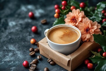 Aufkleber - A cup of coffee with coffee beans on the side