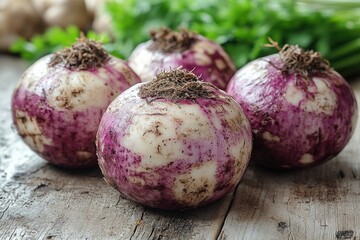 Poster - A collection of purple onions arranged on a wooden table