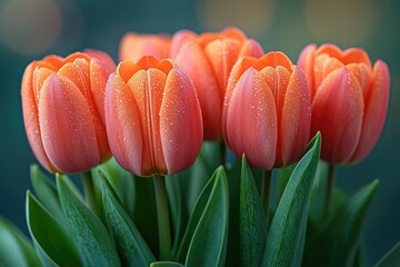 Poster - Fresh orange tulips with dewy water droplets, perfect for spring or botanical-themed designs