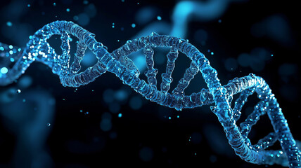Poster - DNA close-up on dark blue background. View under the microscope. Generative ai