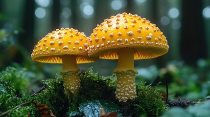 Poster - A pair of bright yellow mushrooms growing amidst the lush green foliage of a forest