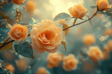 Poster - A close-up shot of orange roses with water droplets glistening on their petals
