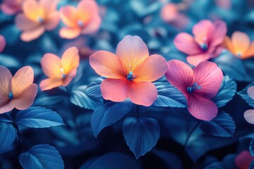 Poster - A bunch of pink flowers with green leaves on a stem, suitable for various themes and designs