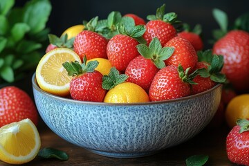 Poster - A bowl filled with sliced strawberries and lemons on a table, great for food styling or as a prop in lifestyle photography