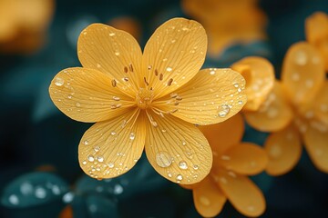 Poster - Close-up photo of a bright yellow flower with tiny water droplets on its petals, great for nature or still life photography