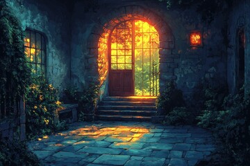 Poster - A traditional doorway in a stone building with intricate details and ornate carvings