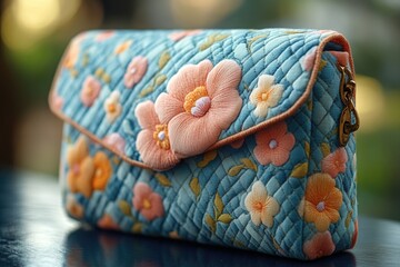 Poster - A blue floral purse sits on a table