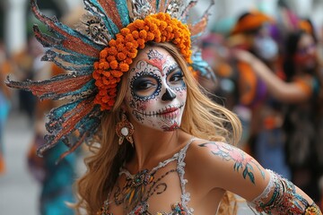 Poster - A woman wears a colorful sugar skull makeup and headdress