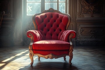 Poster - A single red chair sits in front of a window, providing a cozy atmosphere