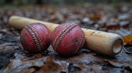 Poster - Two baseballs and a bat lying on grassy terrain, ready for play or game