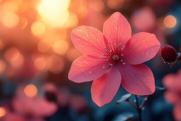 Poster - Close-up photo of a pink flower with water droplets on its petals, suitable for use in editorial or commercial contexts