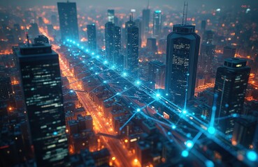 Poster - Aerial view of futuristic night city. Glowing blue network connects modern skyscrapers. Urban cityscape features illuminated buildings, streets, lights. Tech communication infrastructure, digital