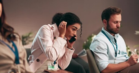 Poster - Interruption, phone call and seminar with business woman in office for communication or development. Distraction, learning and workshop with employee in conference room for coaching or training
