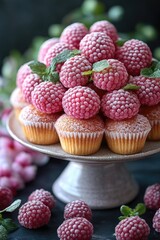 Poster - Freshly baked cupcakes topped with juicy raspberries, perfect for a sweet treat or dessert