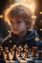 Poster - A young boy concentrates on his chess game