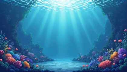 Aufkleber - 8bit pixel art ocean background with gradient of blue, white colors. Underwater coral reef, with sun rays. Pixelated sea texture, perfect for retro game design, wallpaper or illustration.