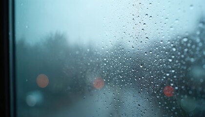 Aufkleber - Misty window glass with raindrops on gloomy rainy day. Water droplets spreaded on surface. Weather overcast, damp, cool, blue tones. Comfort, cosy tranquil simplicity. Abstract pattern, freshness