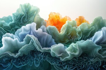 Aufkleber - Abstract art depicting a mesmerizing, layered landscape of teal, blue, and orange swirling forms resembling clouds or coral.