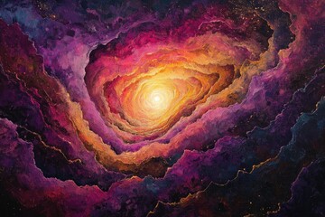Poster - Abstract cosmic artwork depicting a vibrant, swirling nebula converging towards a bright central light source.