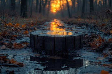 Poster - A still life image of a small puddle of water sitting on top of a tree stump