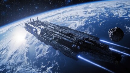 Wall Mural - a big asteroid is passing clos the earth and a spaceship is going away, hyper realistic, sci fi, int