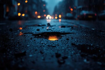 Poster - Urban scene with a small puddle of water on the sidewalk, perfect for use in travel or urban lifestyle images