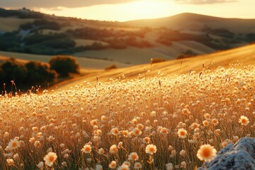 Aufkleber - Field of wildflowers at sunset with warm lighting