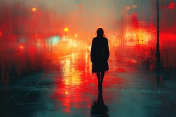 Poster - A person walks alone in the rain at night