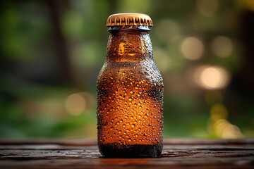 Poster - A beer bottle resting on a wooden table surface, perfect for a pub or bar setting