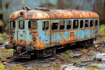 Poster - Old train car sitting idle on the tracks, potential for urban exploration or nostalgic theme