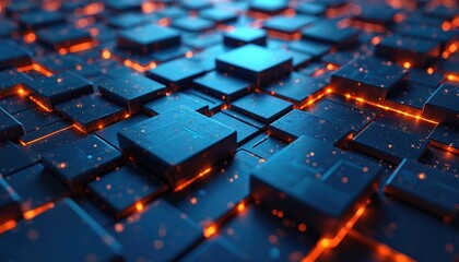 Fototapete - Futuristic blue with orange light digital geometric tech illustration. 3D cubes glow modern abstract background. High tech wallpaper graphic design for banners, presentations, landing pages.
